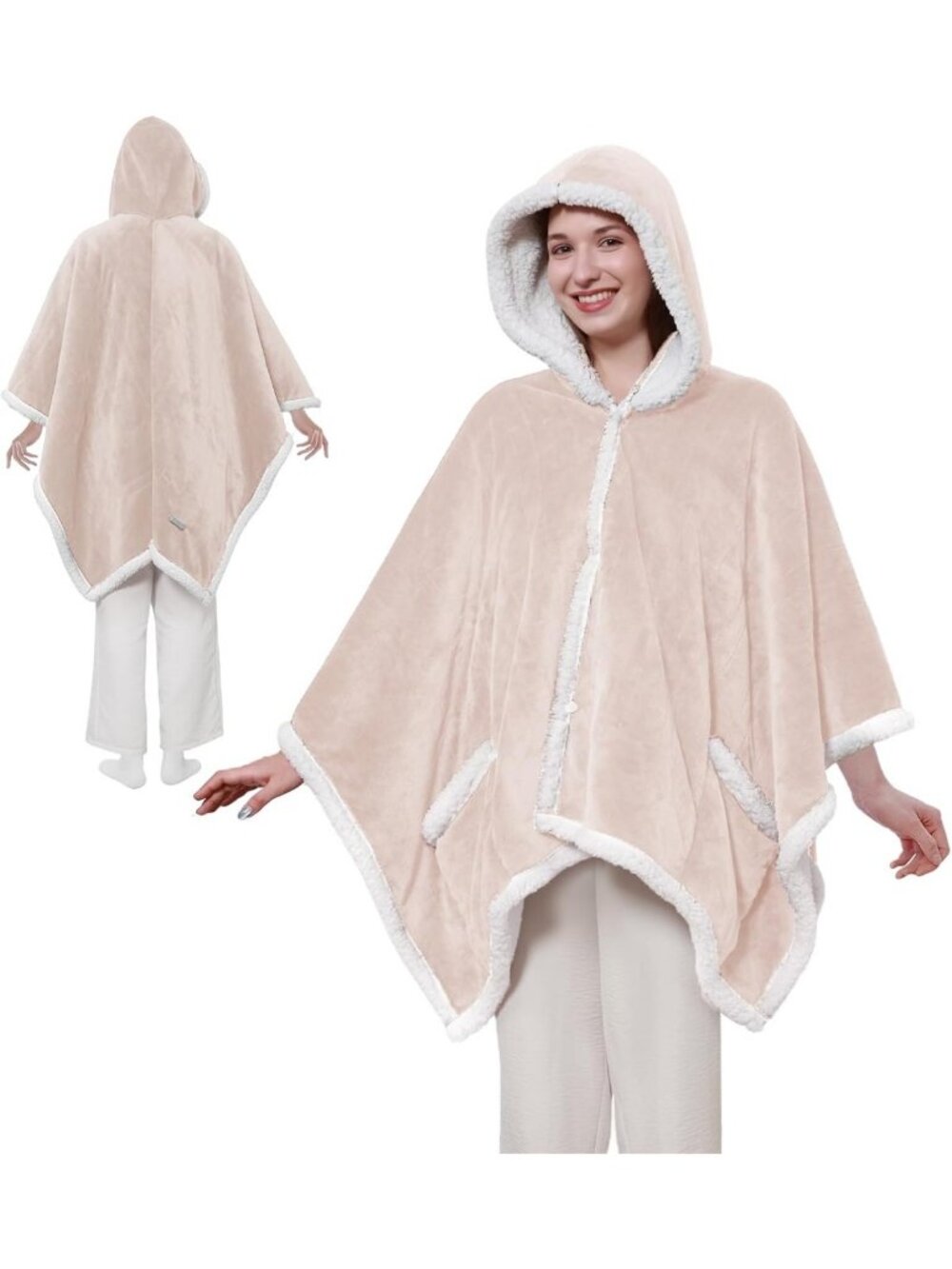 Cozy Heated Wearable Shawl Wrap with Pockets, 50"x60", Soft Beige Blanket